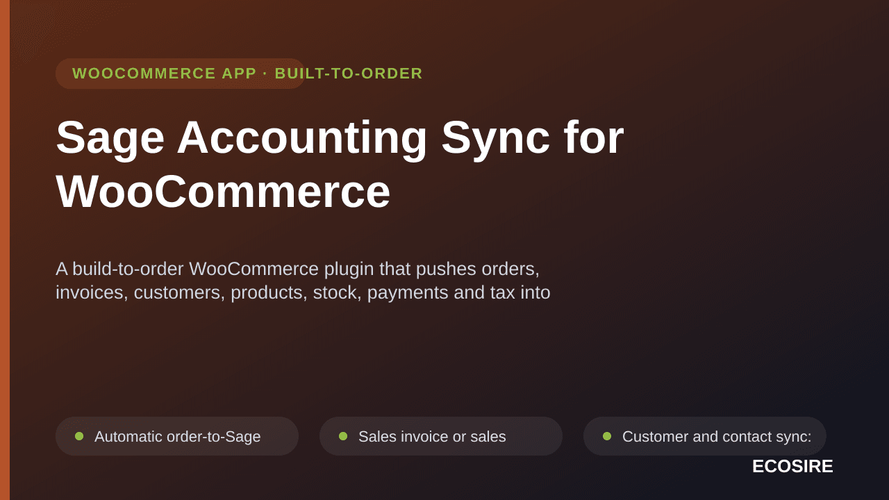Sage Accounting Sync for WooCommerce — A build-to-order WooCommerce plugin that pushes orders, invoices, customers, products, — Image 1 of 3