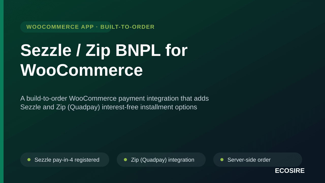 Sezzle / Zip BNPL for WooCommerce — A build-to-order WooCommerce payment integration that adds Sezzle and Zip (Quadpay) inter — Image 1 of 3