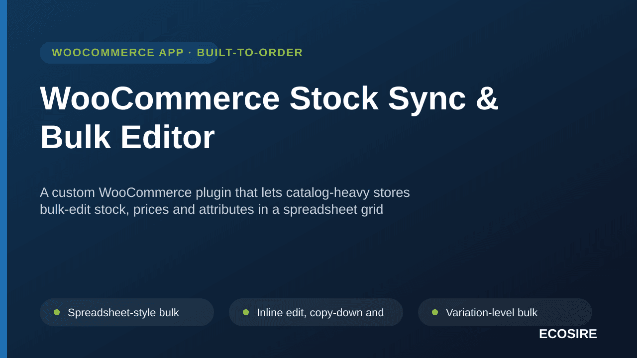 WooCommerce Stock Sync & Bulk Editor — A custom WooCommerce plugin that lets catalog-heavy stores bulk-edit stock, prices and — Image 1 of 3