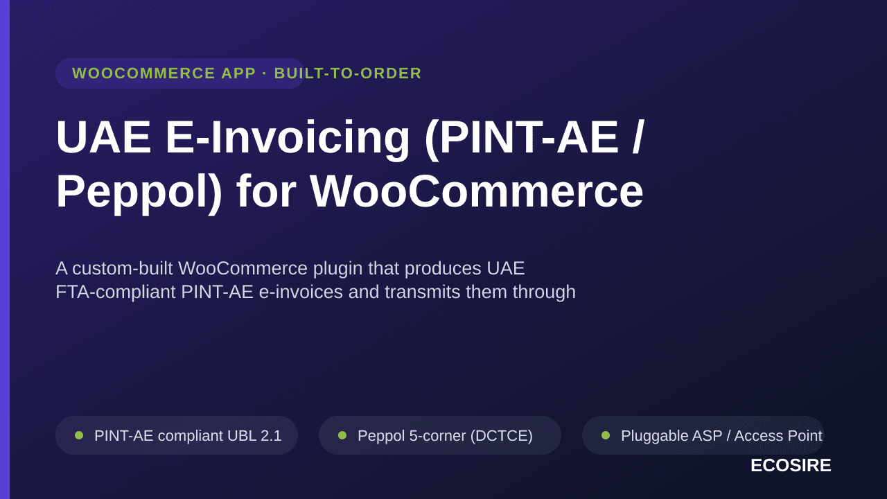 UAE E-Invoicing (PINT-AE / Peppol) for WooCommerce — A custom-built WooCommerce plugin that produces UAE FTA-compliant PINT-A — Image 1 of 3