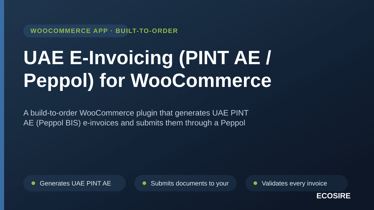UAE E-Invoicing (PINT AE / Peppol) for WooCommerce — A build-to-order WooCommerce plugin that generates UAE PINT AE (Peppol B — Image 1 of 3