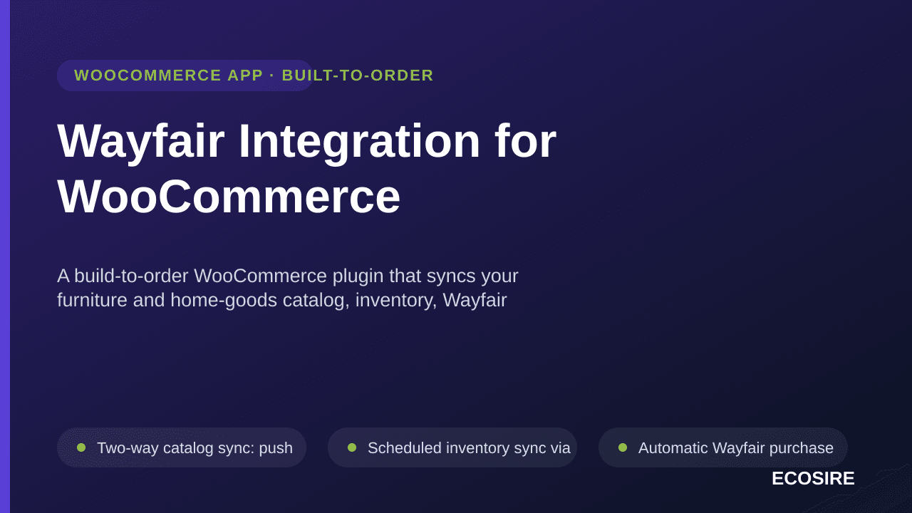 Wayfair Integration for WooCommerce — A build-to-order WooCommerce plugin that syncs your furniture and home-goods catalog, i — Image 1 of 3