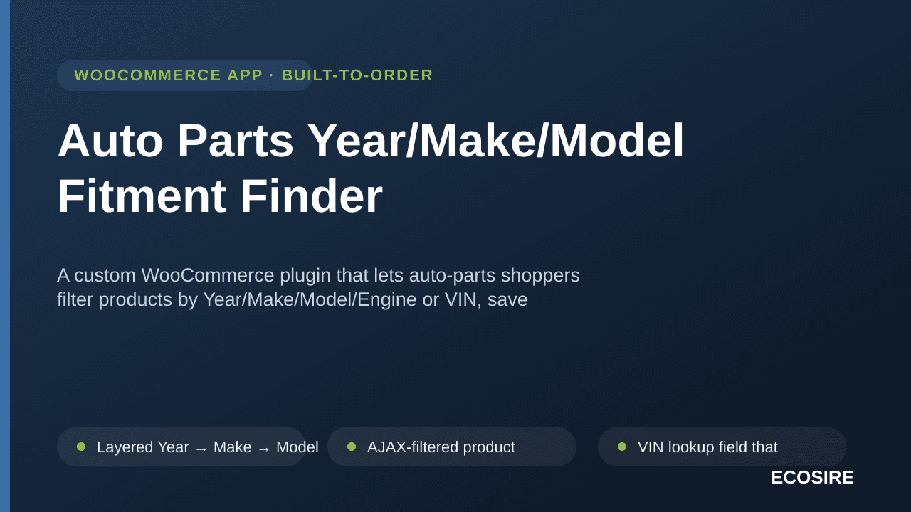 Auto Parts Year/Make/Model Fitment Finder — A custom WooCommerce plugin that lets auto-parts shoppers filter products by Year — Image 1 of 3