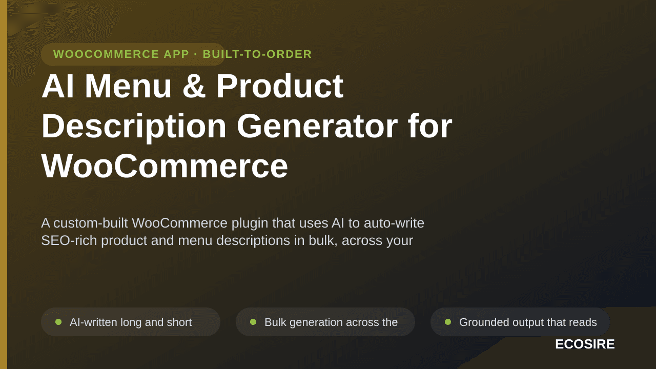 AI Menu & Product Description Generator for WooCommerce — A custom-built WooCommerce plugin that uses AI to auto-write SEO-ri — Image 1 of 3
