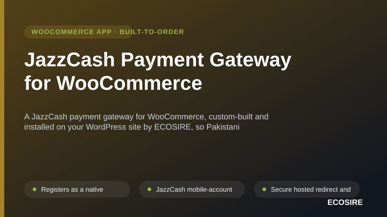 JazzCash Payment Gateway for WooCommerce — A JazzCash payment gateway for WooCommerce, custom-built and installed on your Wor — Image 1 of 3