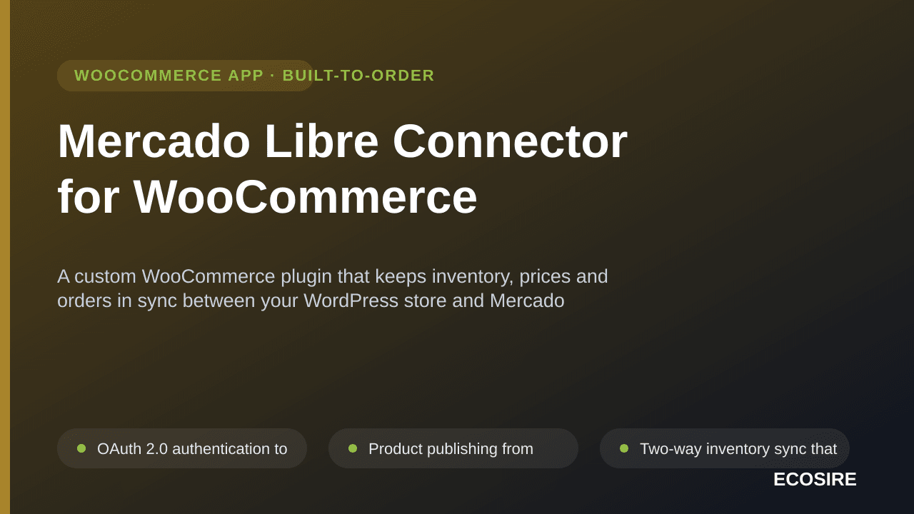 Mercado Libre Connector for WooCommerce — A custom WooCommerce plugin that keeps inventory, prices and orders in sync between — Image 1 of 3
