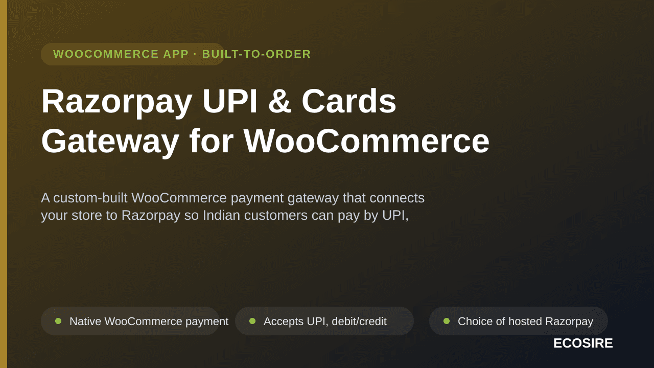 Razorpay UPI & Cards Gateway for WooCommerce — A custom-built WooCommerce payment gateway that connects your store to Razorpa — Image 1 of 3
