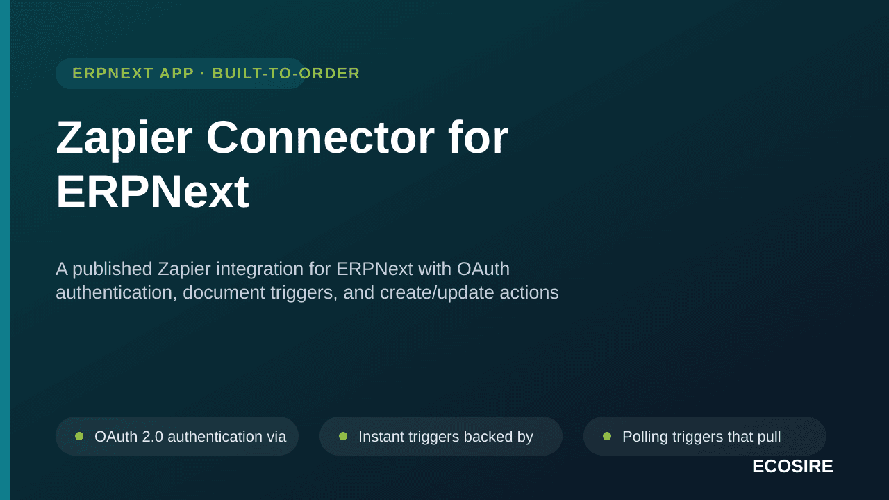 Zapier Connector for ERPNext — A published Zapier integration for ERPNext with OAuth authentication, document triggers, and c — Image 1 of 3