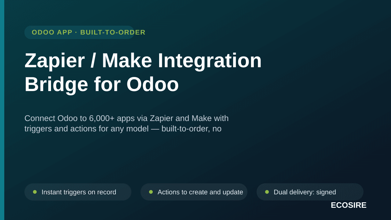 Zapier / Make Integration Bridge for Odoo — Connect Odoo to 6,000+ apps via Zapier and Make with triggers and actions for any — Image 1 of 3