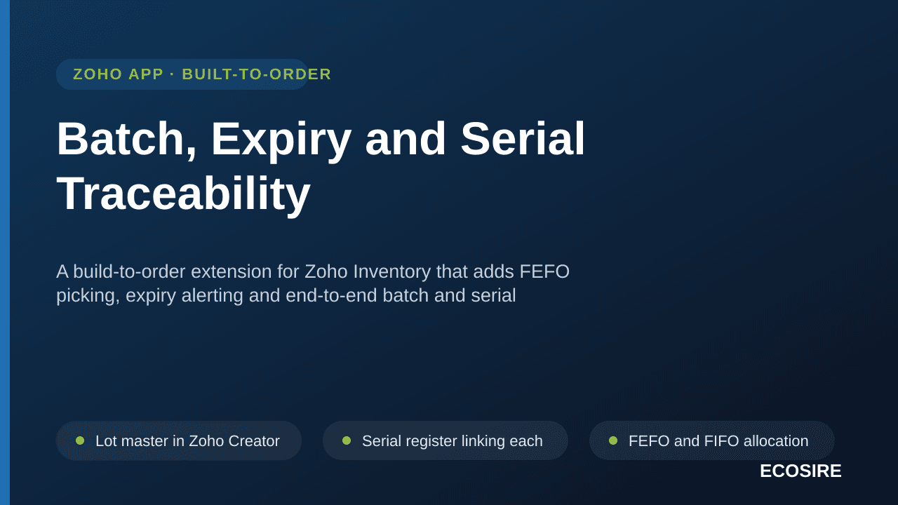 Batch, Expiry and Serial Traceability — A build-to-order extension for Zoho Inventory that adds FEFO picking, expiry alerting and end-to-end batch and serial genealogy