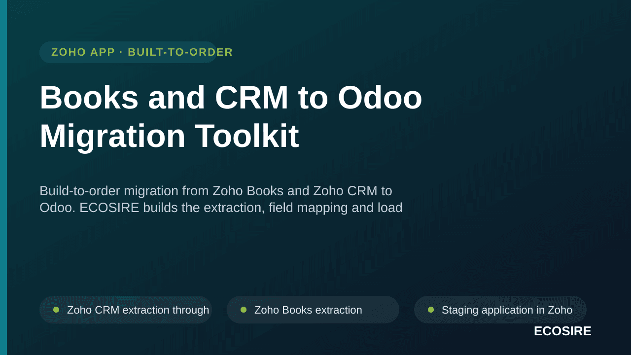 Books and CRM to Odoo Migration Toolkit — Build-to-order migration from Zoho Books and Zoho CRM to Odoo