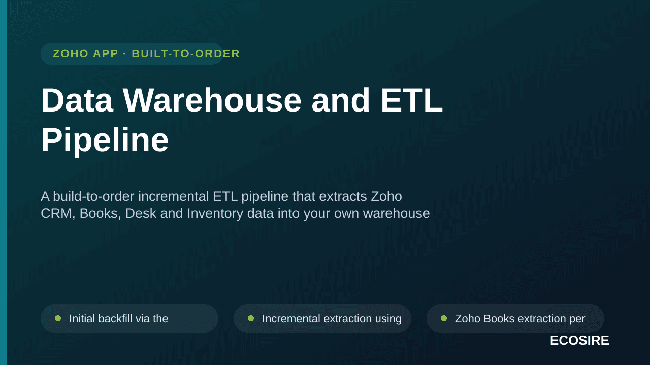 Data Warehouse and ETL Pipeline — A build-to-order incremental ETL pipeline that extracts Zoho CRM, Books, Desk and Inventory data into your own warehouse with managed schemas, watermarks and reconciliation