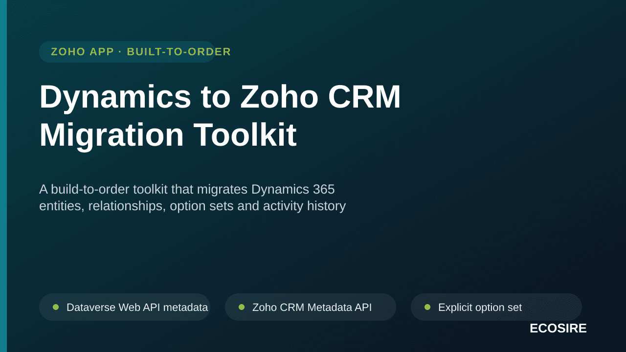 Dynamics to Zoho CRM Migration Toolkit — A build-to-order toolkit that migrates Dynamics 365 entities, relationships, option sets and activity history into Zoho CRM