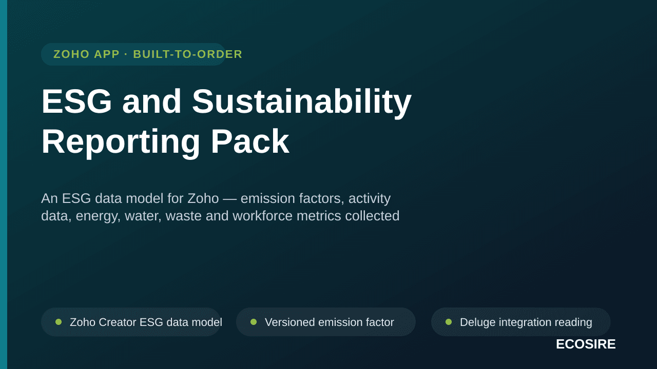 ESG and Sustainability Reporting Pack — An ESG data model for Zoho — emission factors, activity data, energy, water, waste and workforce metrics collected in Creator and reported in Analytics