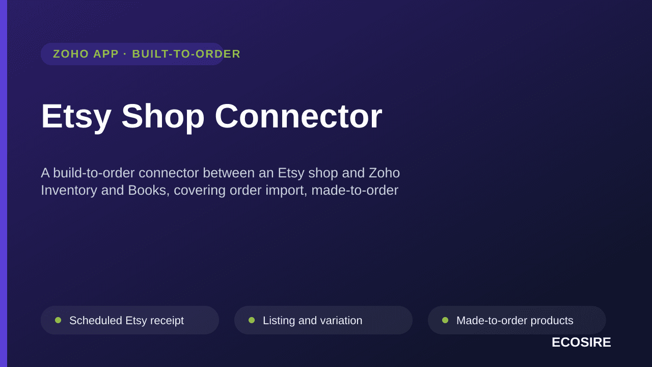 Etsy Shop Connector — A build-to-order connector between an Etsy shop and Zoho Inventory and Books, covering order import, made-to-order component drawdown and fee-level payout reconciliation