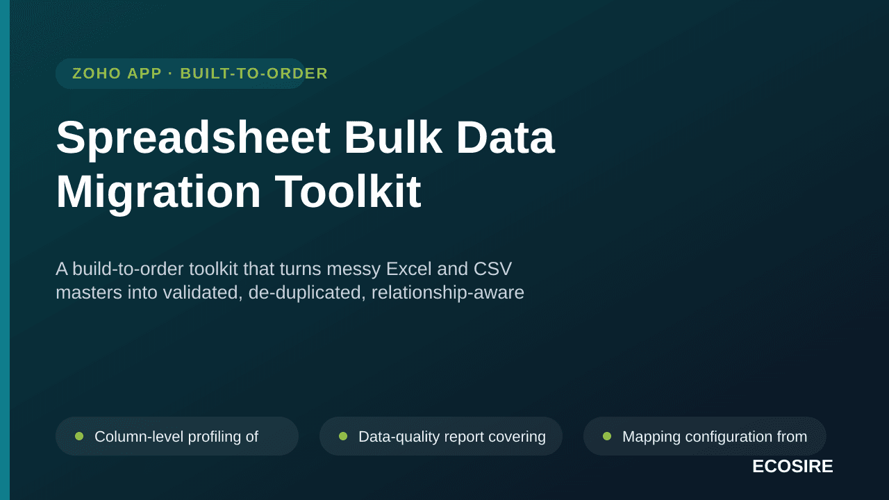 Spreadsheet Bulk Data Migration Toolkit — A build-to-order toolkit that turns messy Excel and CSV masters into validated, de-duplicated, relationship-aware loads for Zoho CRM, Books and Inventory — with a dry run and a rollback before anything touches production