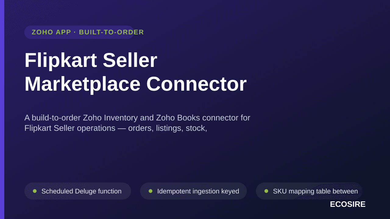 Flipkart Seller Marketplace Connector — A build-to-order Zoho Inventory and Zoho Books connector for Flipkart Seller operations — orders, listings, stock, shipments, returns and settlements