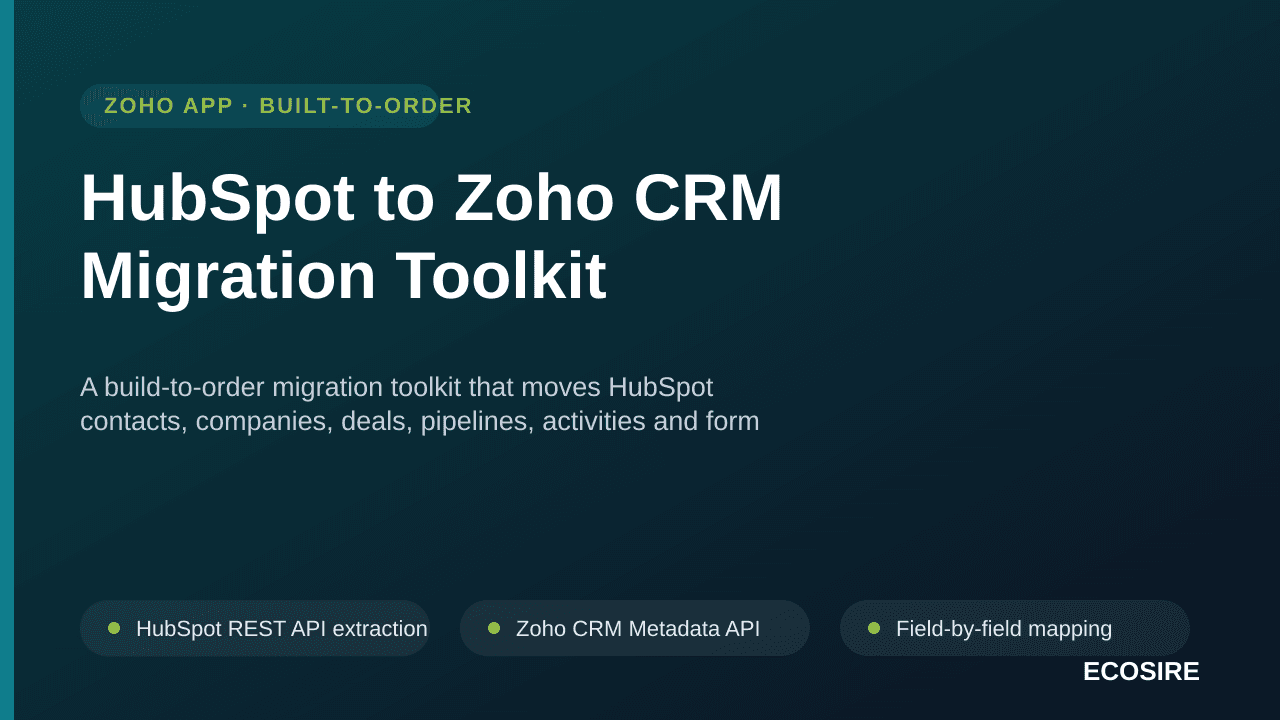 HubSpot to Zoho CRM Migration Toolkit — A build-to-order migration toolkit that moves HubSpot contacts, companies, deals, pipelines, activities and form submissions into Zoho CRM