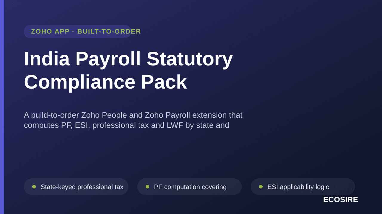 India Payroll Statutory Compliance Pack — A build-to-order Zoho People and Zoho Payroll extension that computes PF, ESI, professional tax and LWF by state and produces return-ready challan files with full audit trails