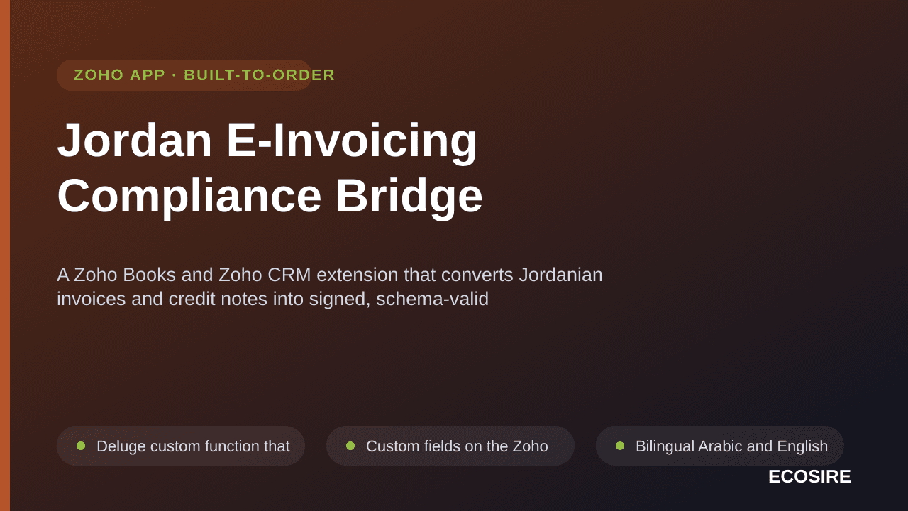 Jordan E-Invoicing Compliance Bridge — A Zoho Books and Zoho CRM extension that converts Jordanian invoices and credit notes into signed, schema-valid e-invoices with submission status on the record