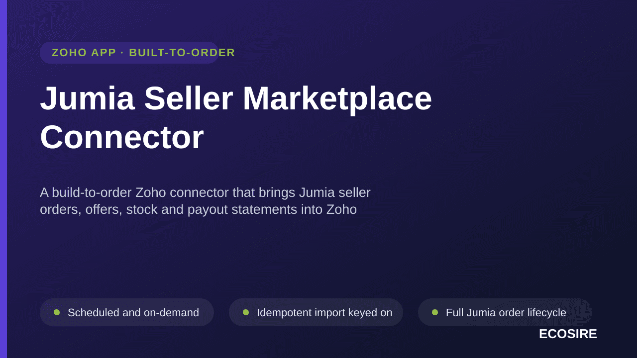 Jumia Seller Marketplace Connector — A build-to-order Zoho connector that brings Jumia seller orders, offers, stock and payout statements into Zoho Inventory and Zoho Books, configured per country