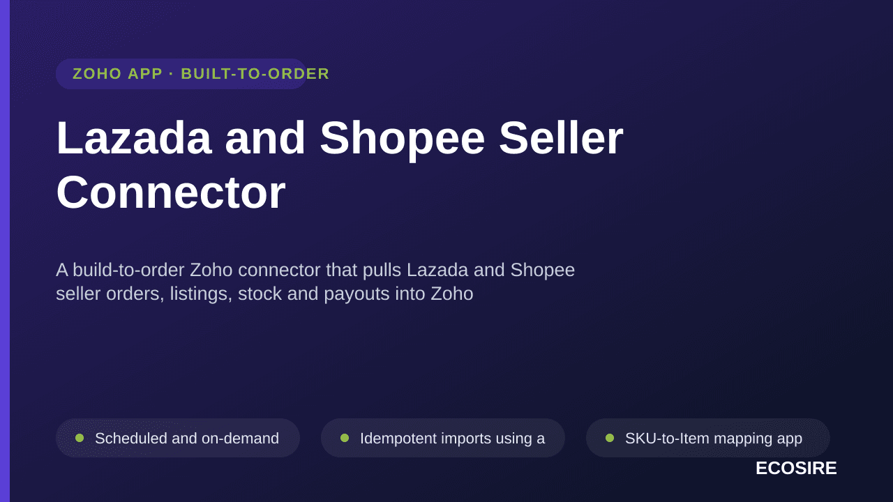 Lazada and Shopee Seller Connector — A build-to-order Zoho connector that pulls Lazada and Shopee seller orders, listings, stock and payouts into Zoho Inventory and Zoho Books