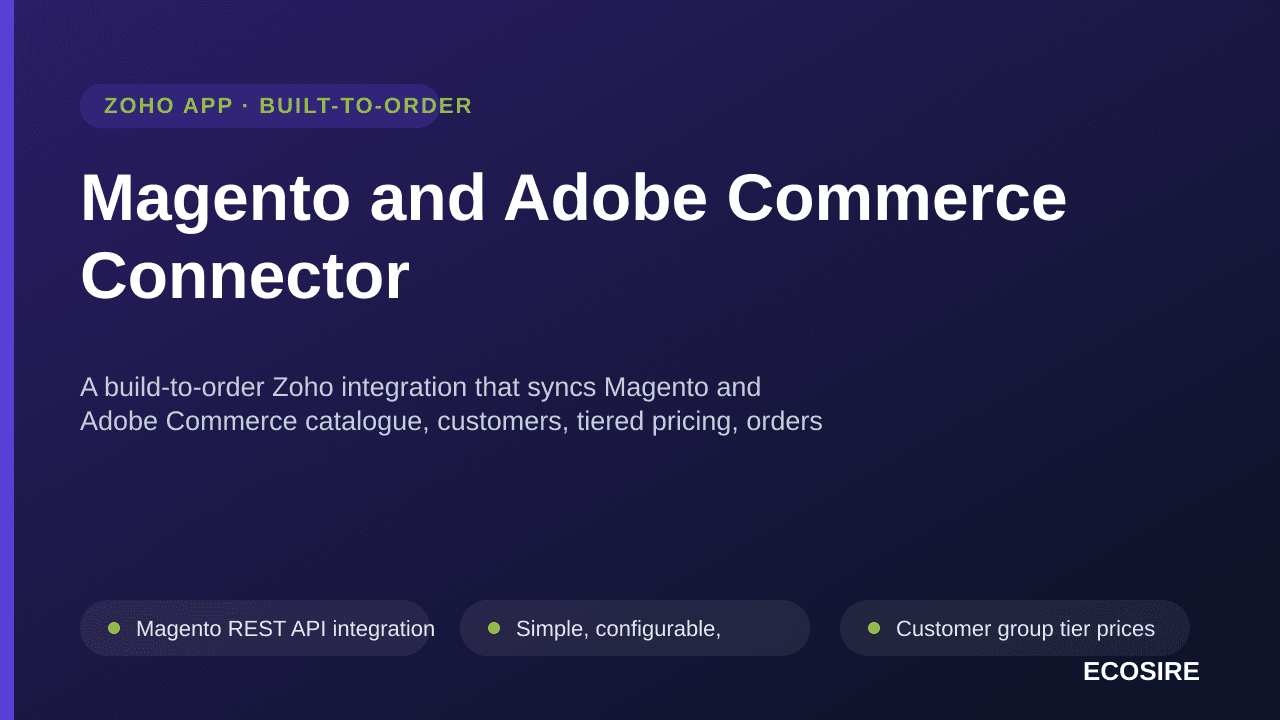 Magento and Adobe Commerce Connector — A build-to-order Zoho integration that syncs Magento and Adobe Commerce catalogue, customers, tiered pricing, orders and stock into Zoho CRM, Books and Inventory