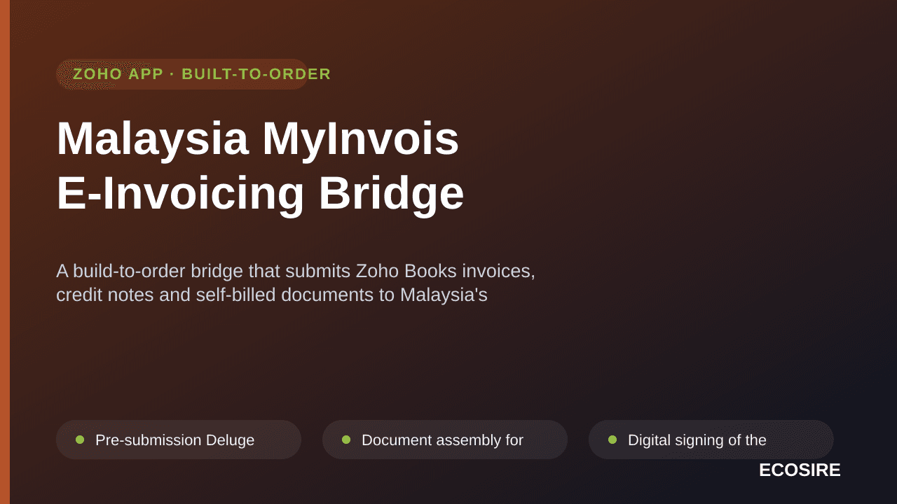 Malaysia MyInvois E-Invoicing Bridge — A build-to-order bridge that submits Zoho Books invoices, credit notes and self-billed documents to Malaysia's MyInvois system, storing the LHDN UUID, validation status and QR code back on each record