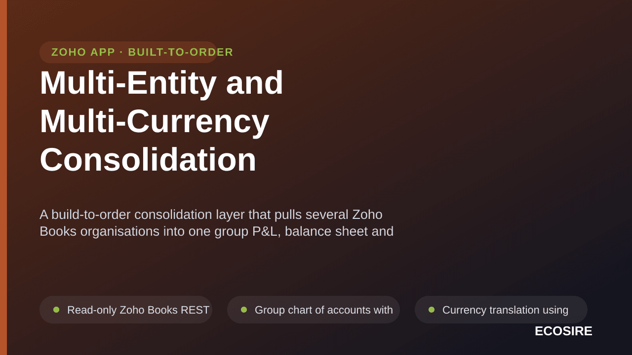 Multi-Entity and Multi-Currency Consolidation — A build-to-order consolidation layer that pulls several Zoho Books organisations into one group P&L, balance sheet and cash view, with intercompany elimination and FX revaluation