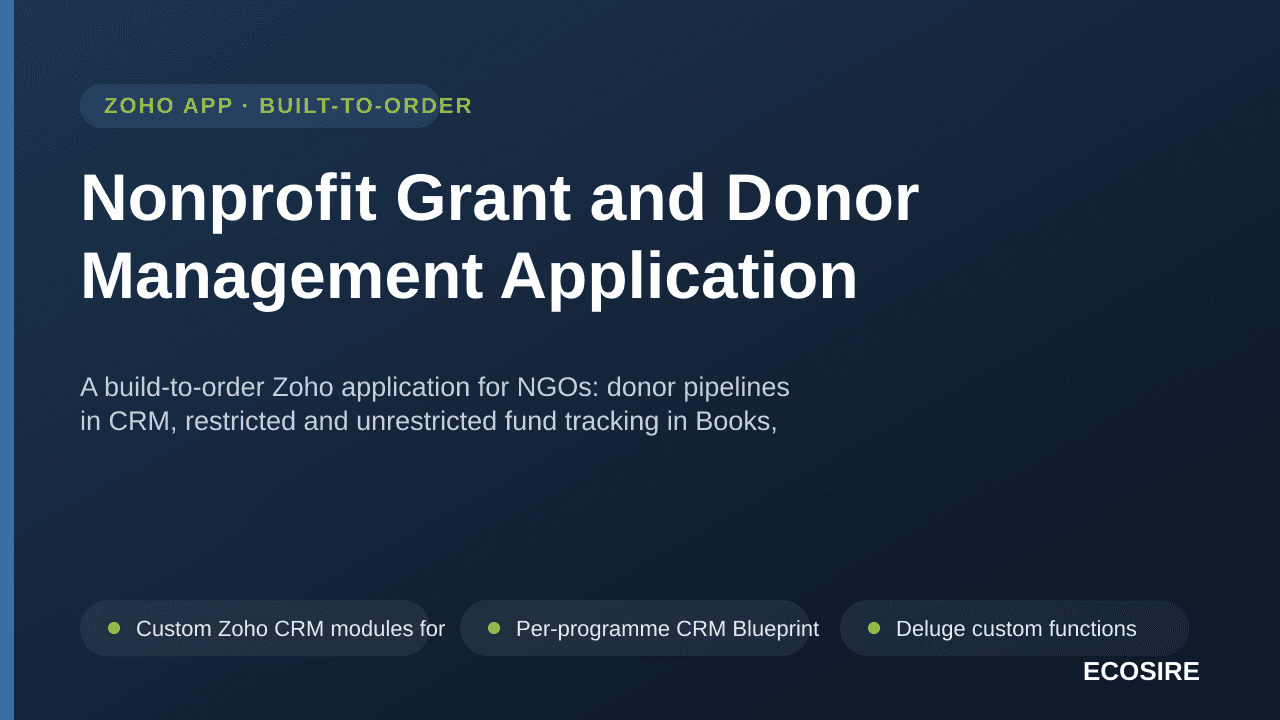 Nonprofit Grant and Donor Management Application — A build-to-order Zoho application for NGOs: donor pipelines in CRM, restricted and unrestricted fund tracking in Books, and grant budget-versus-actual reporting in Creator