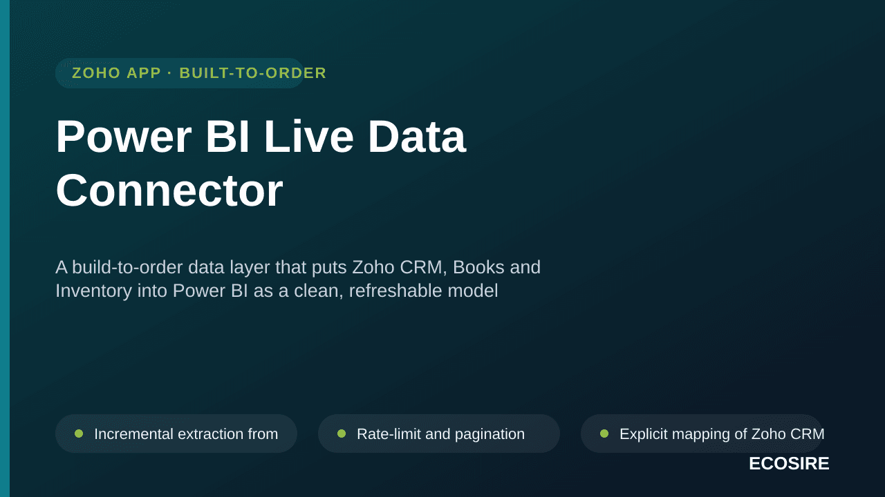 Power BI Live Data Connector — A build-to-order data layer that puts Zoho CRM, Books and Inventory into Power BI as a clean, refreshable model instead of manual exports