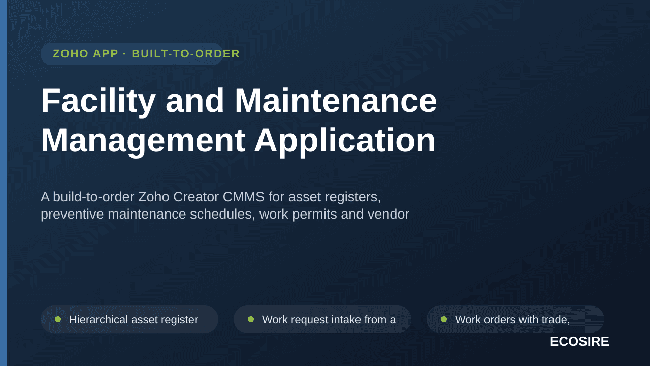 Facility and Maintenance Management Application — A build-to-order Zoho Creator CMMS for asset registers, preventive maintenance schedules, work permits and vendor SLAs, integrated with Zoho Inventory and Books