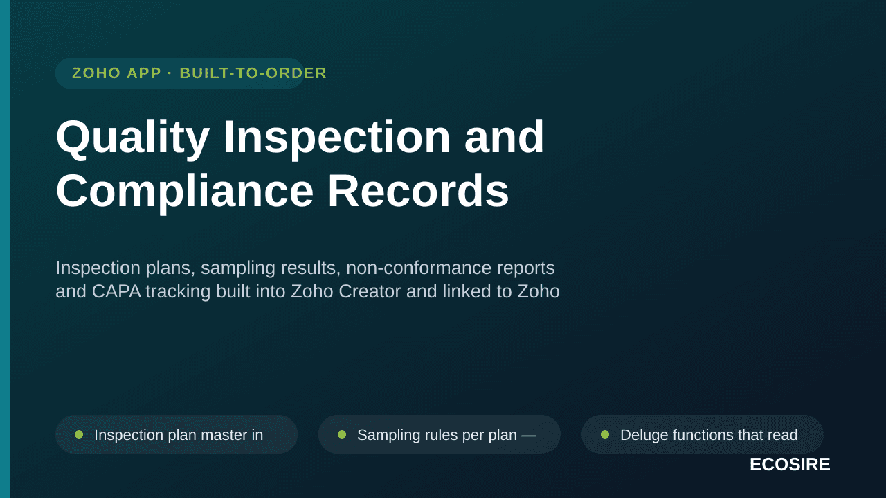 Quality Inspection and Compliance Records — Inspection plans, sampling results, non-conformance reports and CAPA tracking built into Zoho Creator and linked to Zoho Inventory