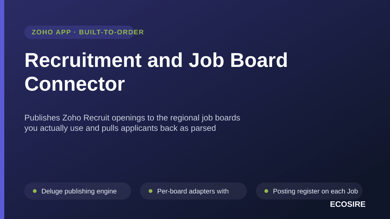 Recruitment and Job Board Connector — Publishes Zoho Recruit openings to the regional job boards you actually use and pulls applicants back as parsed candidate records