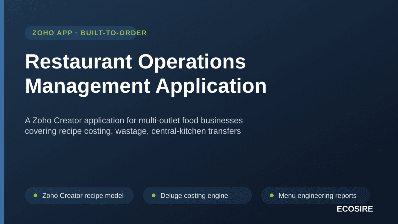 Restaurant Operations Management Application — A Zoho Creator application for multi-outlet food businesses covering recipe costing, wastage, central-kitchen transfers and delivery-aggregator reconciliation into Zoho Books