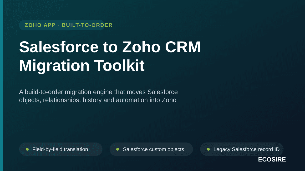 Salesforce to Zoho CRM Migration Toolkit — A build-to-order migration engine that moves Salesforce objects, relationships, history and automation into Zoho CRM
