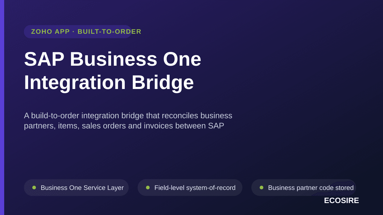 SAP Business One Integration Bridge — A build-to-order integration bridge that reconciles business partners, items, sales orders and invoices between SAP Business One and Zoho CRM or Zoho Books