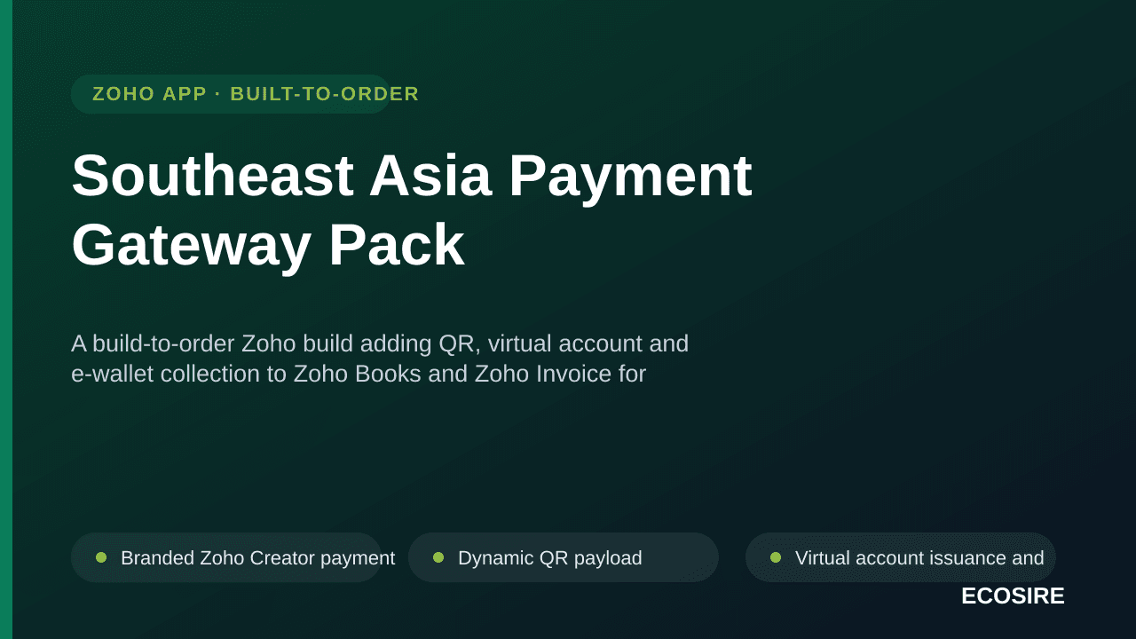Southeast Asia Payment Gateway Pack — A build-to-order Zoho build adding QR, virtual account and e-wallet collection to Zoho Books and Zoho Invoice for Indonesian, Malaysian, Thai and Philippine merchants, with automatic reconciliation