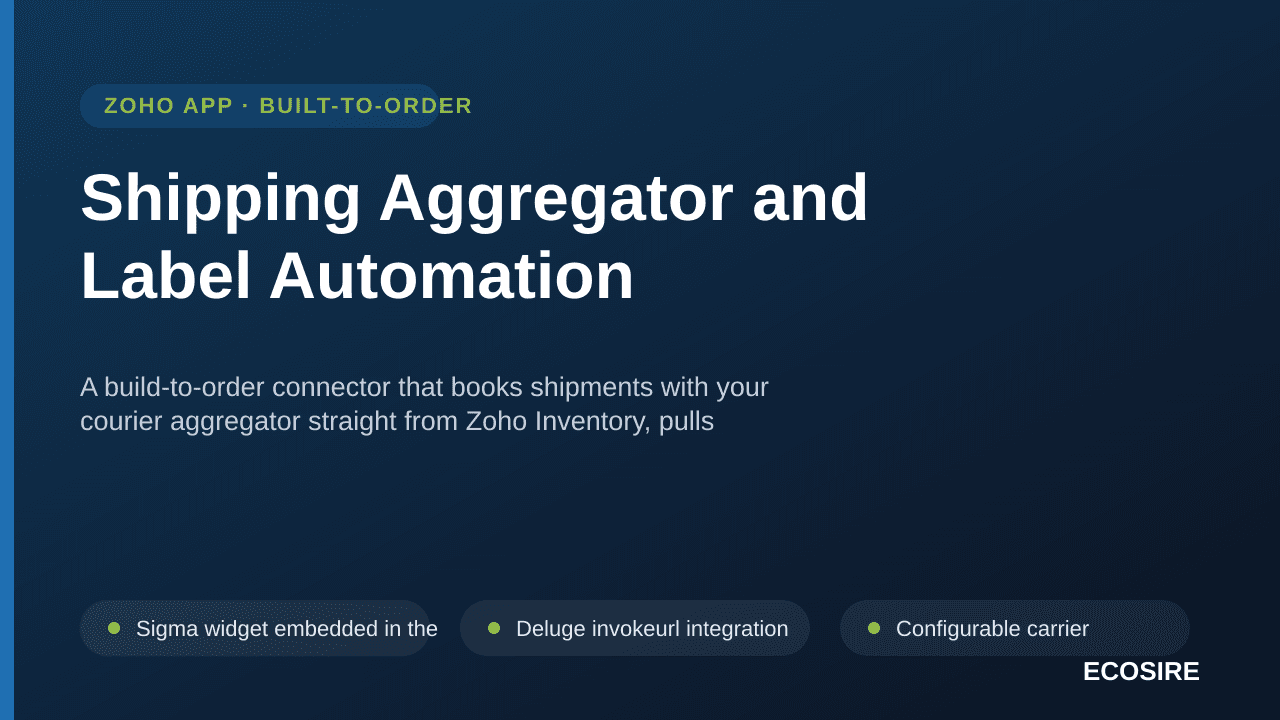 Shipping Aggregator and Label Automation — A build-to-order connector that books shipments with your courier aggregator straight from Zoho Inventory, pulls labels and AWB numbers back onto the record, and keeps tracking, NDR and COD reconciliation inside Zoho