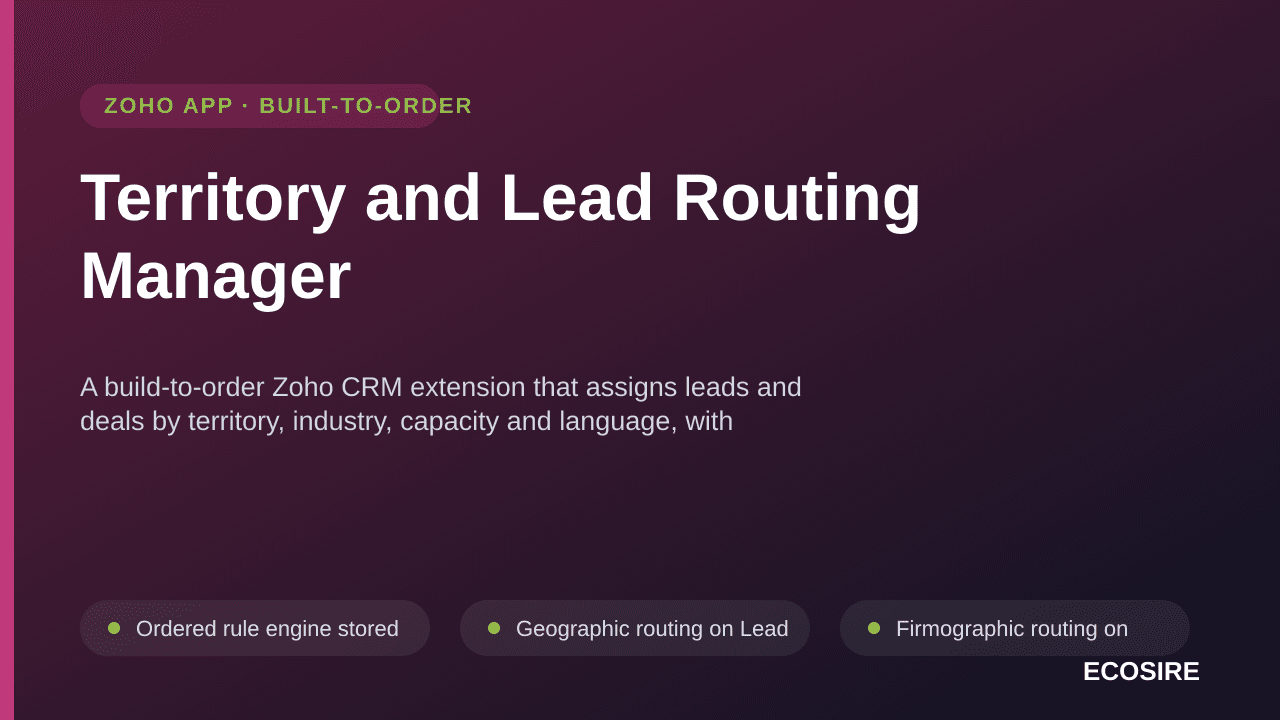Territory and Lead Routing Manager — A build-to-order Zoho CRM extension that assigns leads and deals by territory, industry, capacity and language, with SLA timers and a full reassignment audit trail