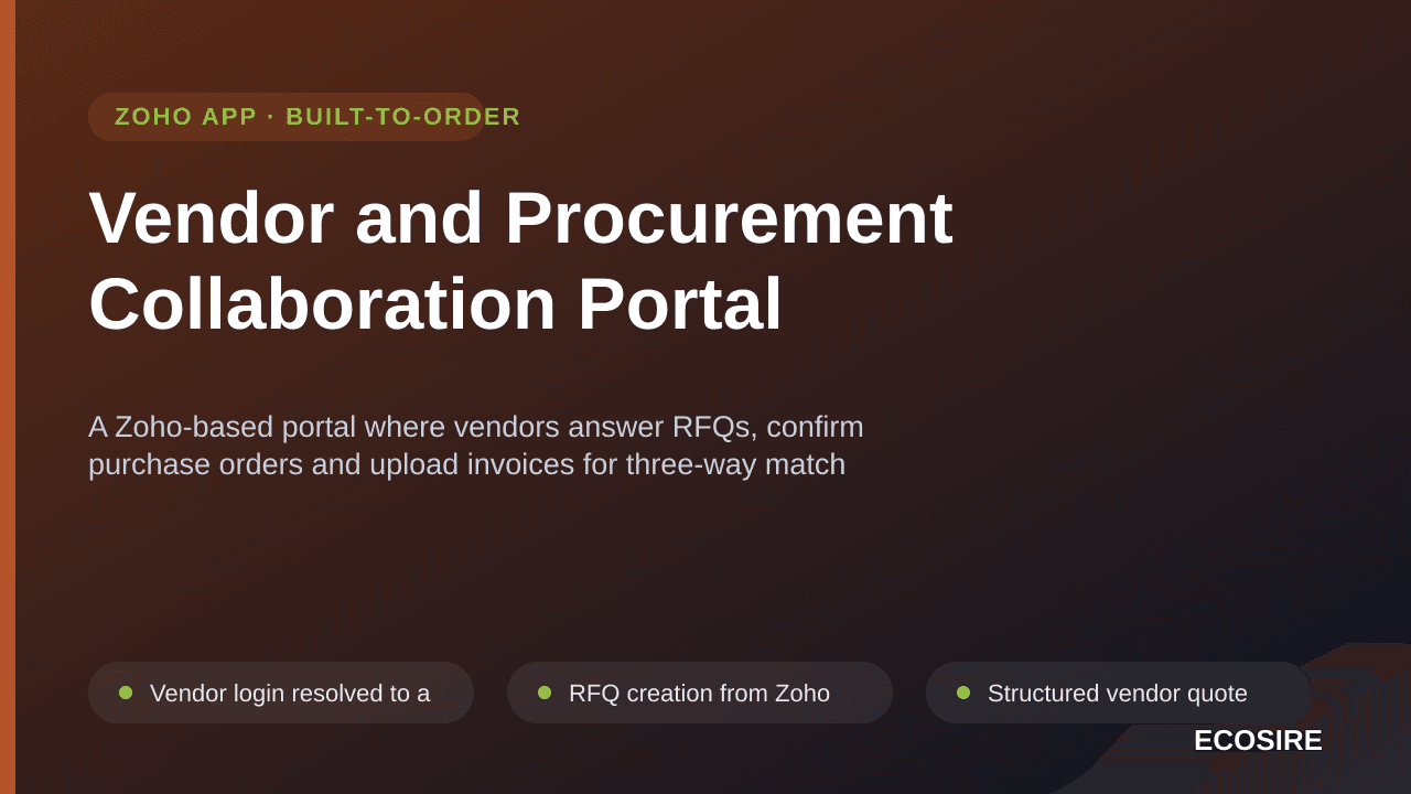Vendor and Procurement Collaboration Portal — A Zoho-based portal where vendors answer RFQs, confirm purchase orders and upload invoices for three-way match against receipts in Books and Inventory