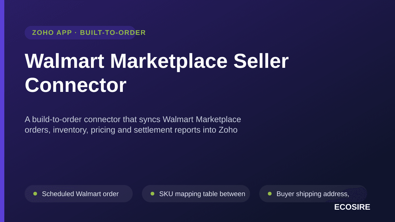 Walmart Marketplace Seller Connector — A build-to-order connector that syncs Walmart Marketplace orders, inventory, pricing and settlement reports into Zoho Inventory and Zoho Books