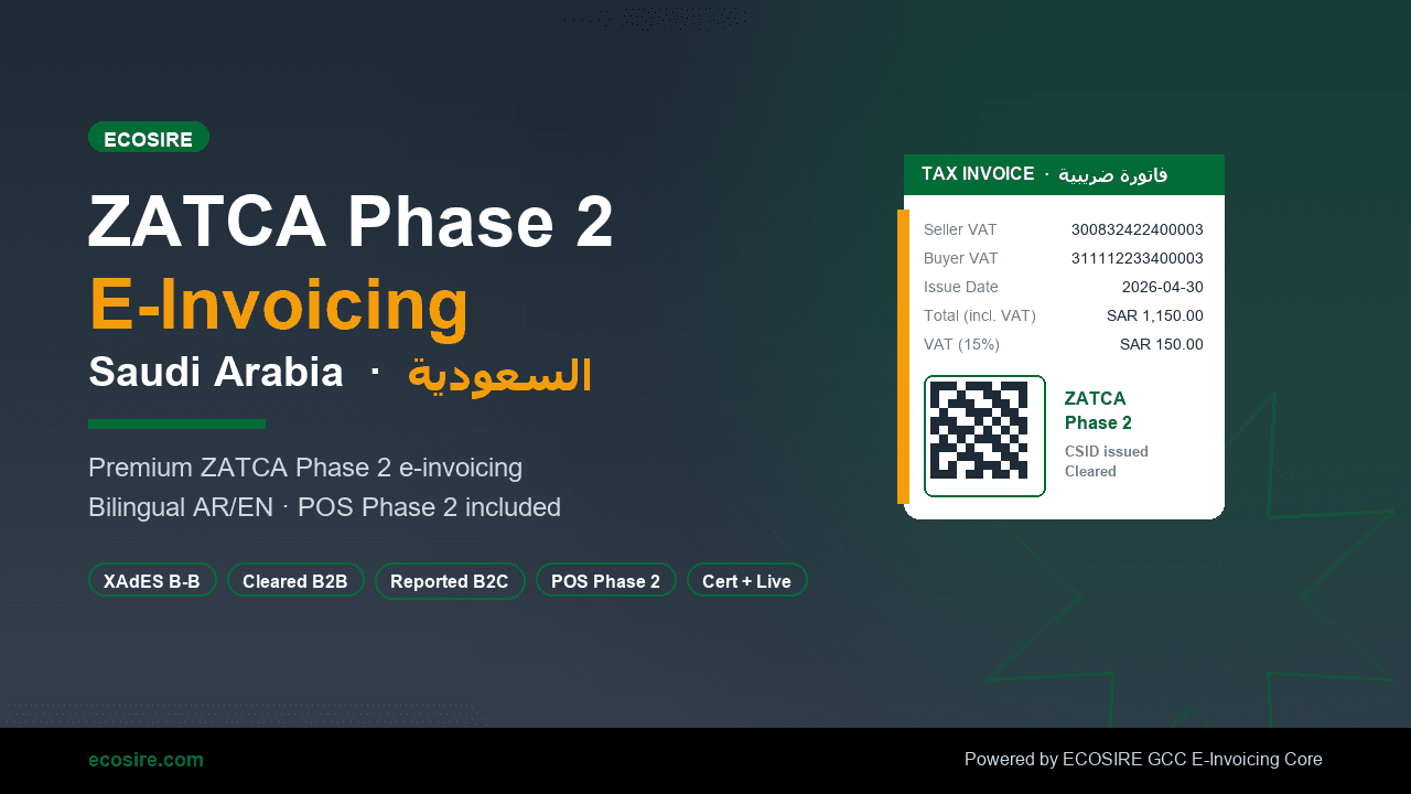 ECOSIRE GCC E-Invoicing | KSA ZATCA Phase 2 — Saudi ZATCA FATOORA Phase 2 pack: CSID onboarding, B2B clearance + B2C reportin — Image 1 of 5