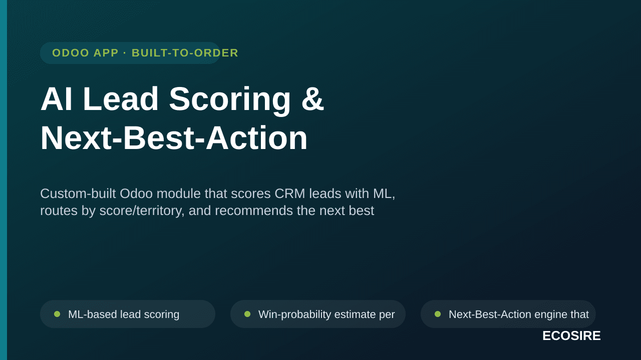 AI Lead Scoring & Next-Best-Action — Custom-built Odoo module that scores CRM leads with ML, routes by score/territory, and r — Image 1 of 3