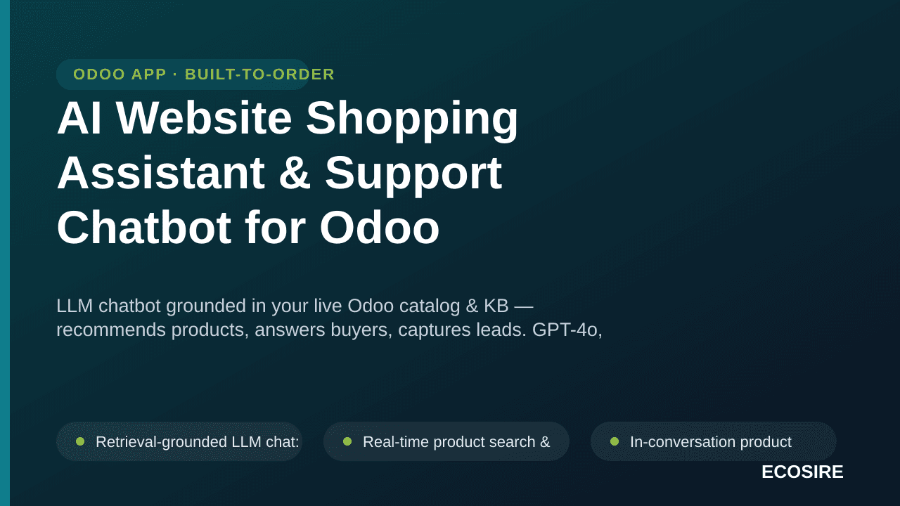 AI Website Shopping Assistant & Support Chatbot for Odoo — LLM chatbot grounded in your live Odoo catalog & KB — recommends p — Image 1 of 3