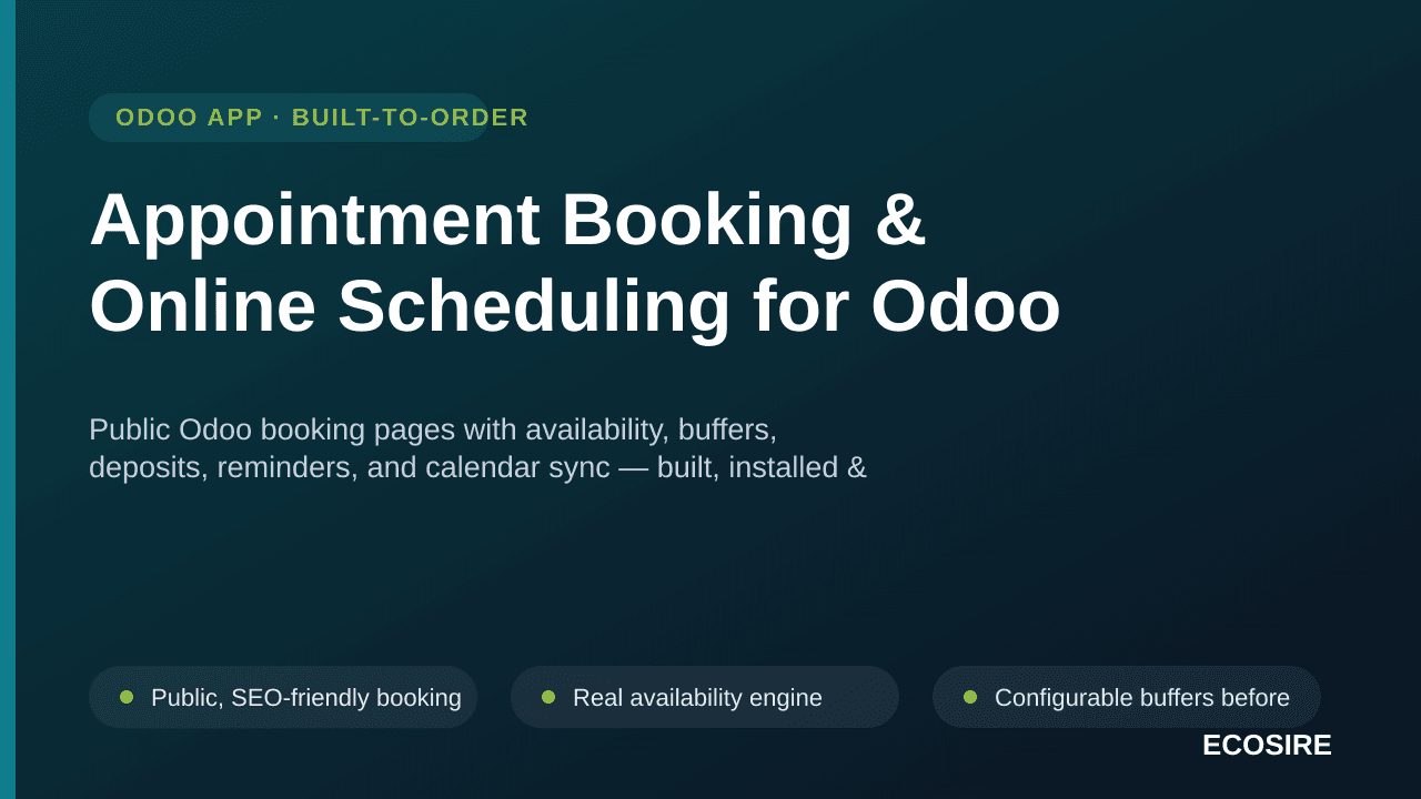 Appointment Booking & Online Scheduling for Odoo — Public Odoo booking pages with availability, buffers, deposits, reminders, — Image 1 of 3