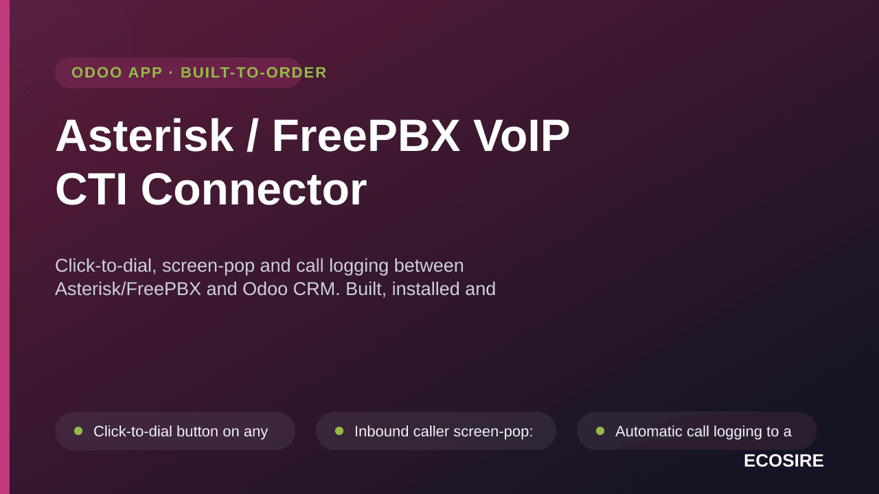 Asterisk / FreePBX VoIP CTI Connector — Click-to-dial, screen-pop and call logging between Asterisk/FreePBX and Odoo CRM — Image 1 of 3