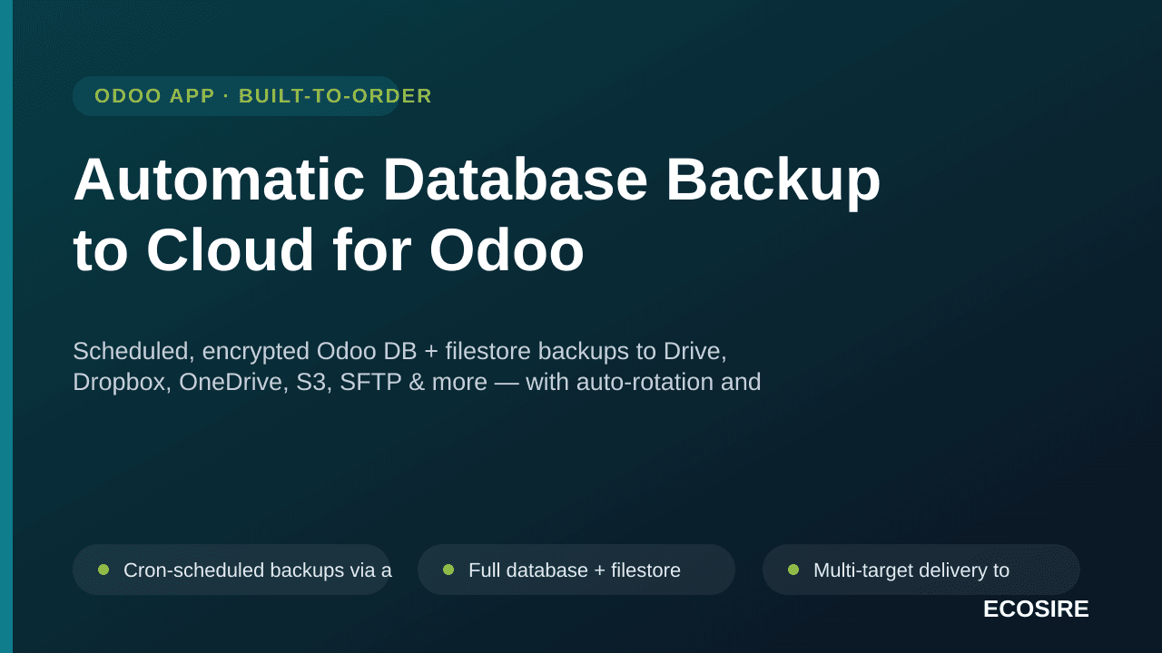 Automatic Database Backup to Cloud for Odoo — Scheduled, encrypted Odoo DB + filestore backups to Drive, Dropbox, OneDrive, S — Image 1 of 3