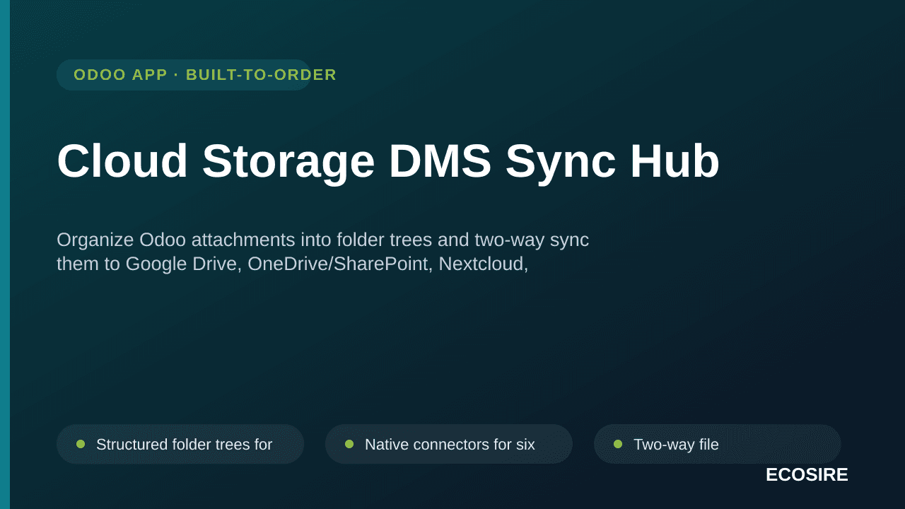 Cloud Storage DMS Sync Hub — Organize Odoo attachments into folder trees and two-way sync them to Google Drive, OneDrive/Shar — Image 1 of 3