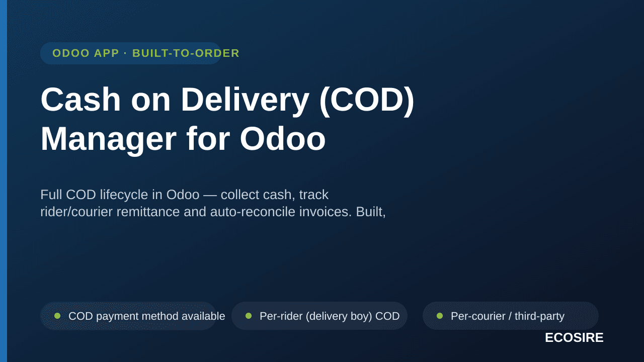 Cash on Delivery (COD) Manager for Odoo — Full COD lifecycle in Odoo — collect cash, track rider/courier remittance and auto- — Image 1 of 3